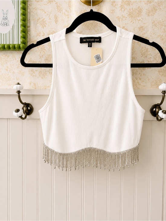 The Vintage Shop Tops - The Vintage Shop White Ribbed Crop Tank with Beaded Fringe